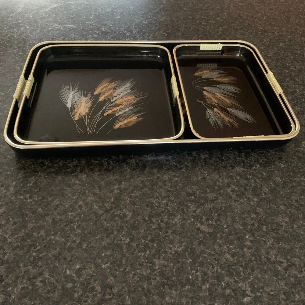 Vintage Japan Nesting Tray Set Wheat Design – 3 Serving Trays‎ w/ Handles Brown